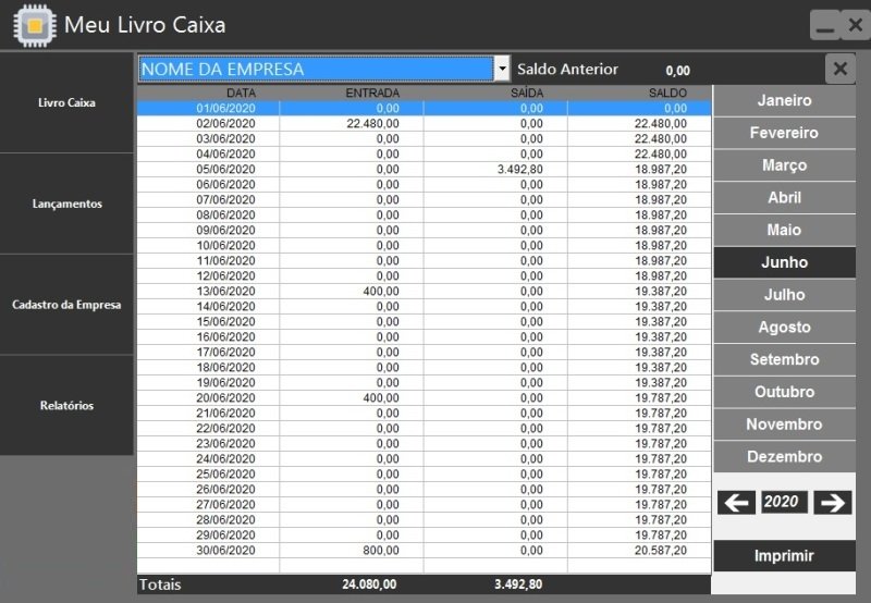 Tela do programa Meu Livro Caixa — lançamentos mensais com entradas, saídas e saldo